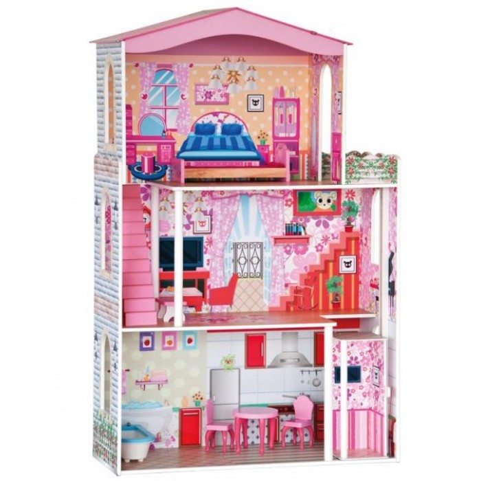 Casa de papusi din lemn MDF - Woodyland Dollhouse  cu lift 116 cm  trei etaje cu mobilier inclus